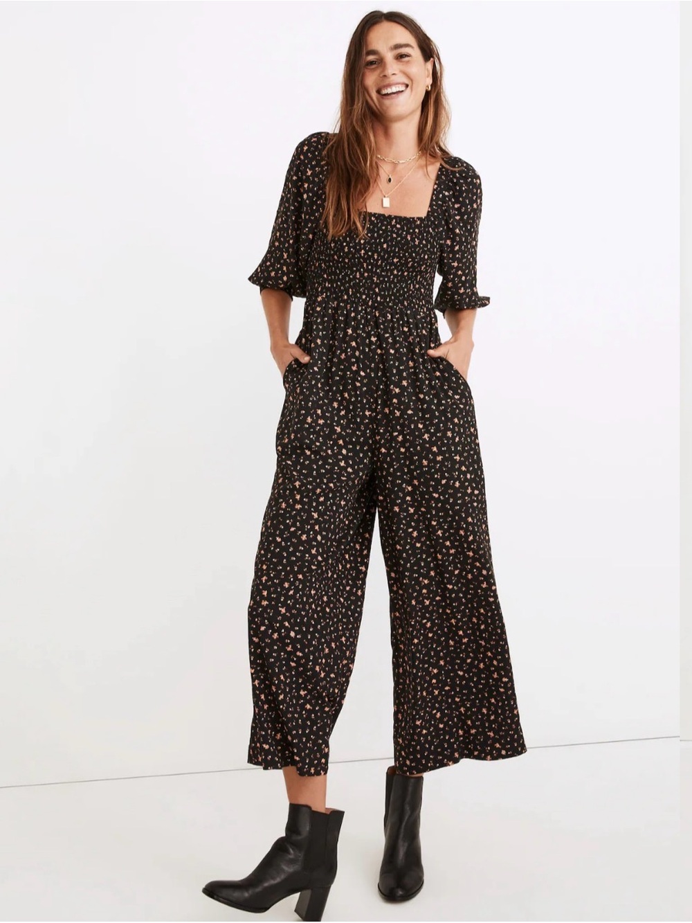 Madewell Lucie Elbow-Sleeve Smocked Wide-Leg Jumpsuit in Stem Scatter Size 2